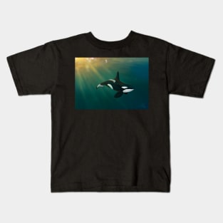 Orca underwater sunset scene Kids T-Shirt